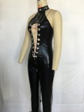 Woman Lace up Wetlook Leather Jumpsuit