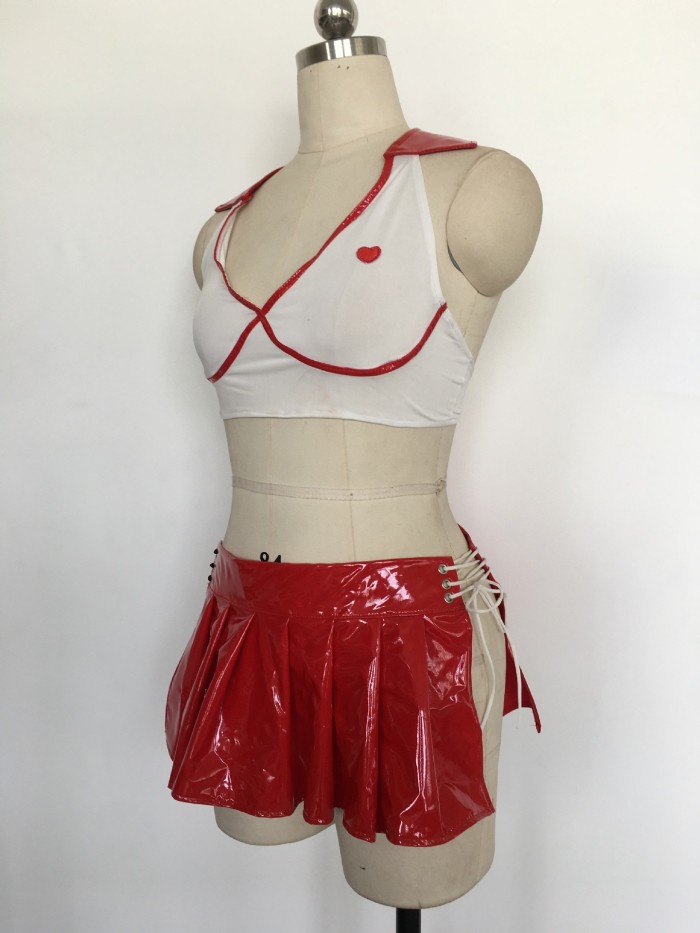 Red Patent Leather Skirt and White Low Cut Top Uniform Suit