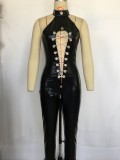 Woman Lace up Wetlook Leather Jumpsuit