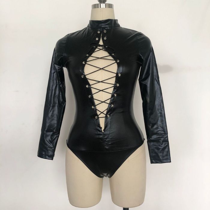 Black Leathery Long Sleeve Zip Detail Bodysuit Teddy Underwear Bodysuit Body Chain Restraint Maid Bondage Catsuit