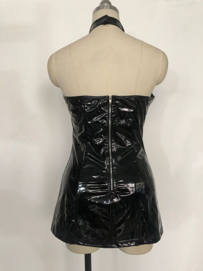 Women Sexy Open Cut Mini Dress Latex Leather Bodycon Lingerie Open Butt Clubwear