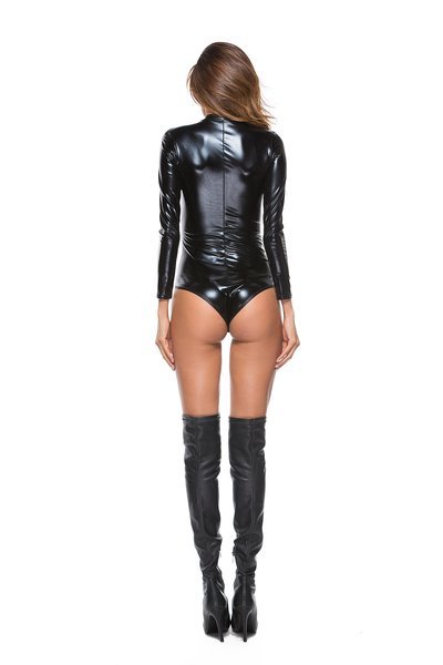 Black Leathery Long Sleeve Zip Detail Bodysuit
