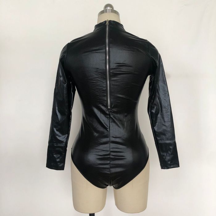Black Leathery Long Sleeve Zip Detail Bodysuit Teddy Underwear Bodysuit Body Chain Restraint Maid Bondage Catsuit