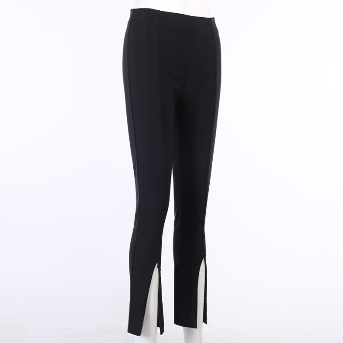 IHOOV Solid Color Slim Fit Hem Zipper Split Fashion Pants