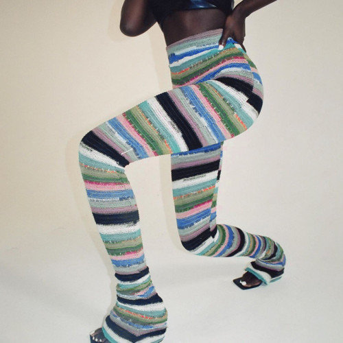 IHOOV women's Fashion Striped Knitted Pile Pants