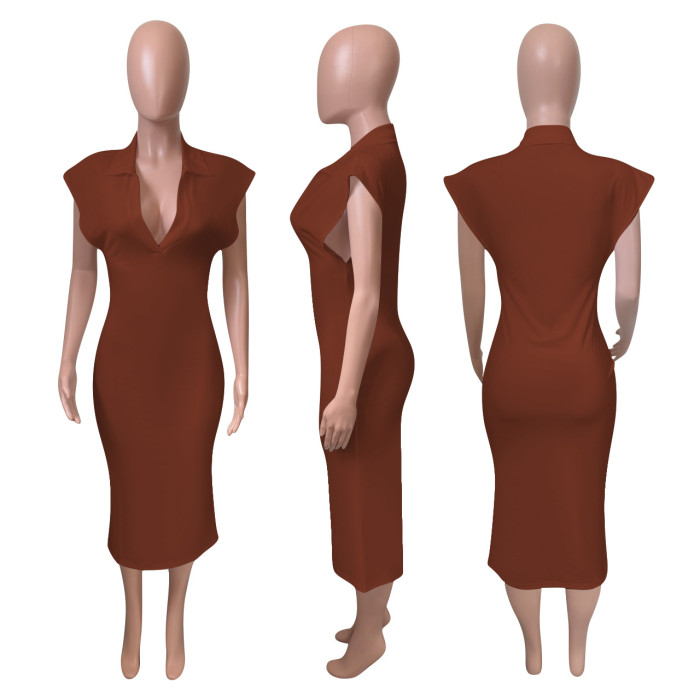 IHOOV Modest Turn-down Collar Sleeveless Solid Maxi Dress