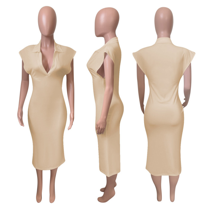 IHOOV Modest Turn-down Collar Sleeveless Solid Maxi Dress