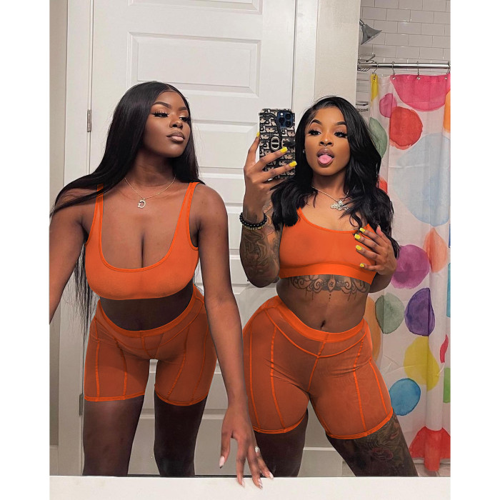 IHOOV Sexy Mesh Vest Shorts Perspective Two Piece Set