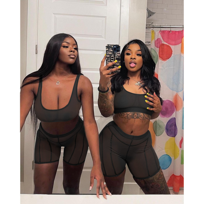 IHOOV Sexy Mesh Vest Shorts Perspective Two Piece Set