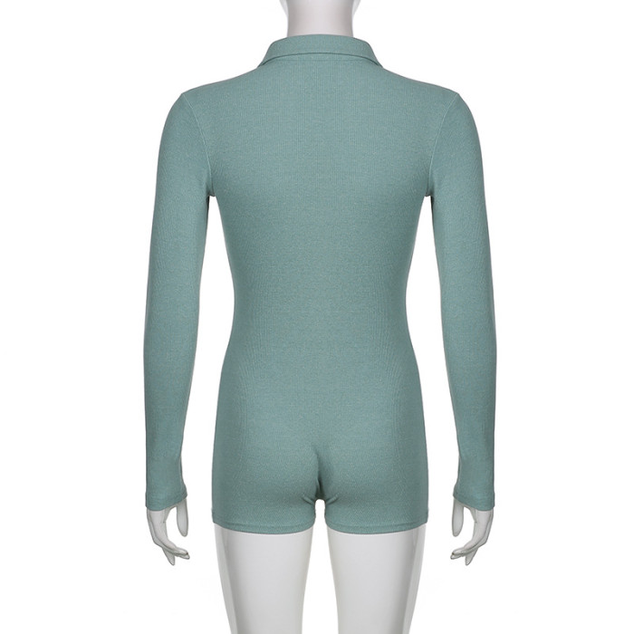IHOOV Slim Fit Solid Color Lapel Button Long Sleeve Shorts Jumpsuit