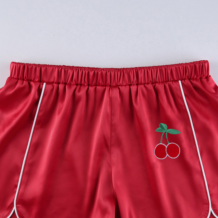 Cherry Embroidered Zipper Cardigan Elastic Shorts Sports Two-piece Set