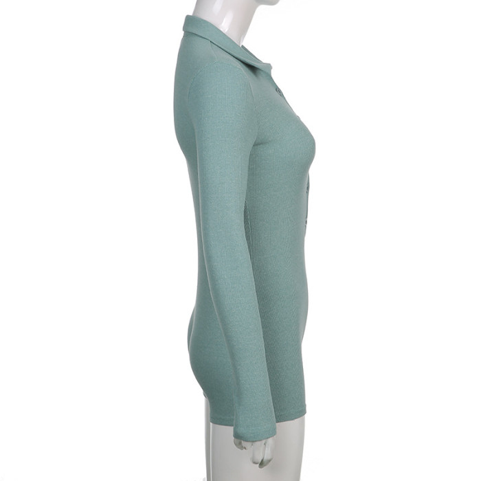 IHOOV Slim Fit Solid Color Lapel Button Long Sleeve Shorts Jumpsuit