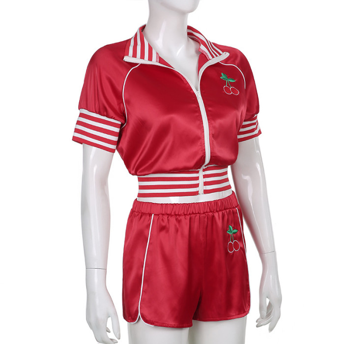 Cherry Embroidered Zipper Cardigan Elastic Shorts Sports Two-piece Set