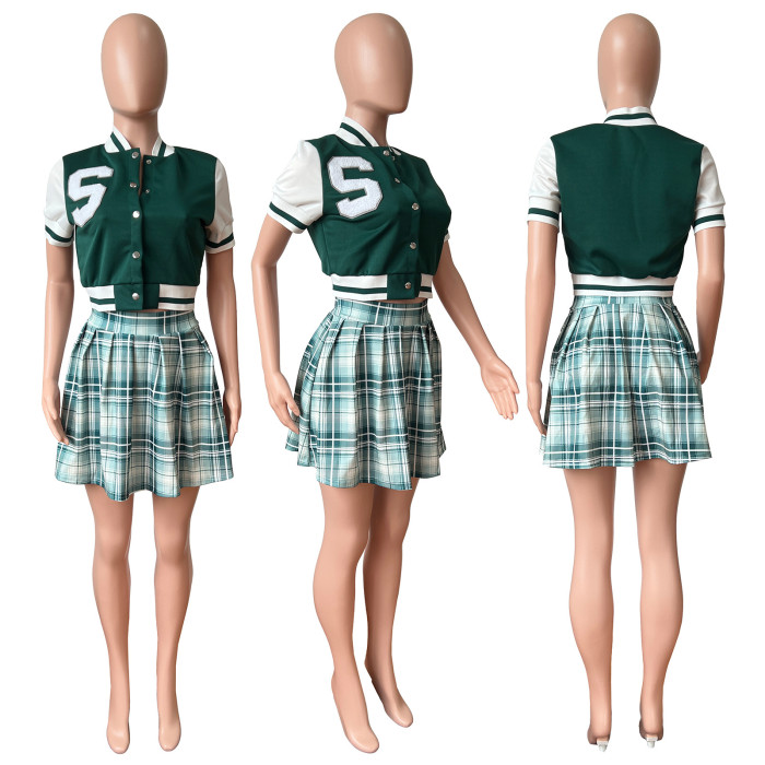 Preppy Style O-Neck Short Sleeves High Waist Plaid Print Embroidery Regular MiniTwo Piece Skirt Set