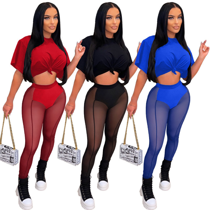 High Waist Solid Mesh Regular Two Piece Pants Set