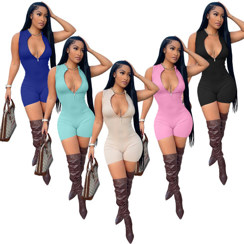 Casual Sleeveless Solid Skinny Ribbed Rompers