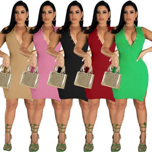 Casual V-neck Sleeveless Solid color Rivet Knee-Length Bodycon Dress