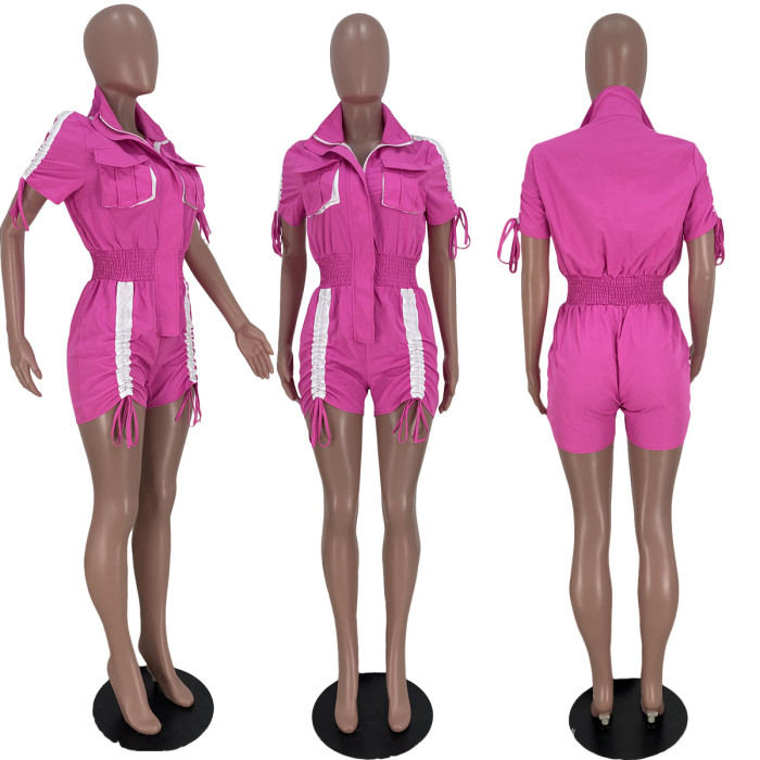 Casual Turn-down Collar Short Sleeves Solid Pockets Above Knee Regular Cargo Playsuit