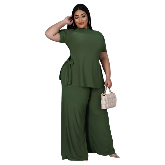 High Collar Short Sleeve Long Top And Loose Pant Wholesale 2 Piece Outfits