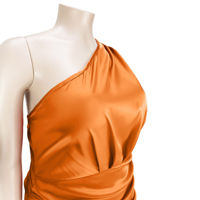 Pleated Zipper Asymmetric Single Sleeve Satin Dress