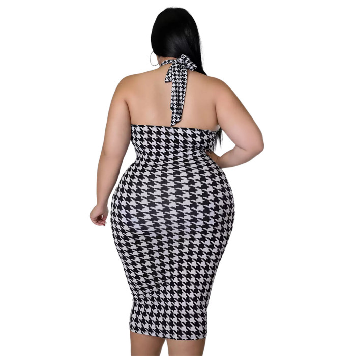 IHOOV Houndstooth Hollow Out Cross Lace Up Pleated Dress