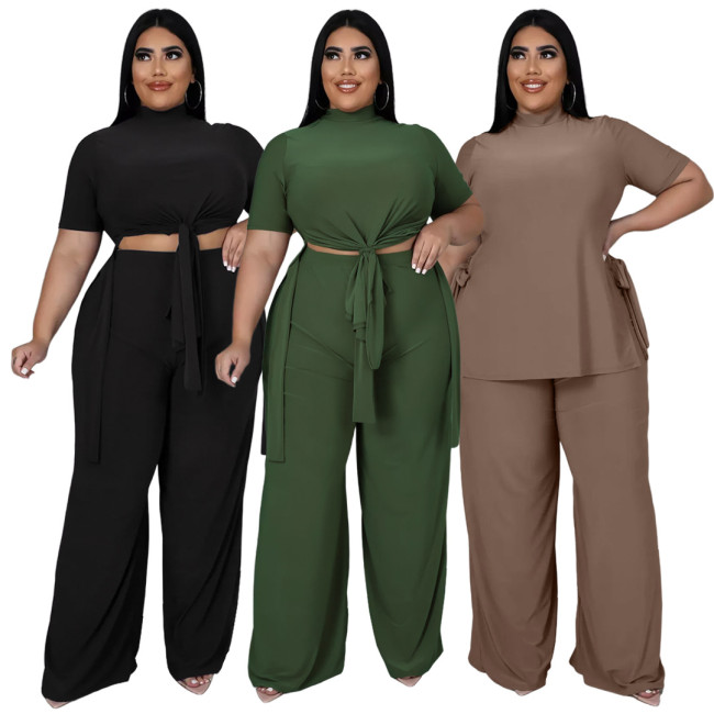 High Collar Short Sleeve Long Top And Loose Pant Wholesale 2 Piece Outfits