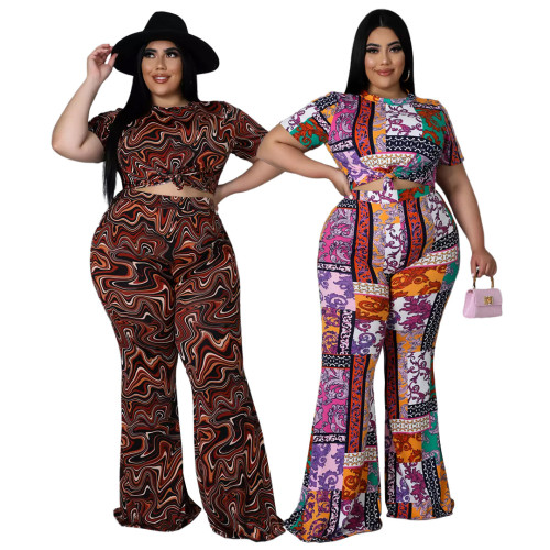 Plus Size Fashion Printed Short Sleeved Flared Pants Two-piece Set