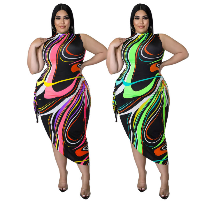 Plus Size Multicolor Sexy Lace Up Cut-out Split Dress