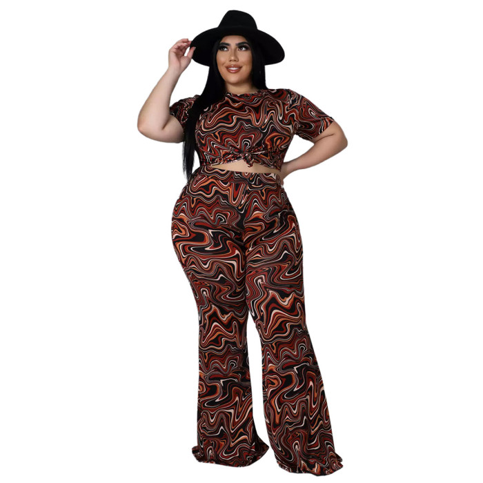 Plus Size Fashion Printed Short Sleeved Flared Pants Two-piece Set