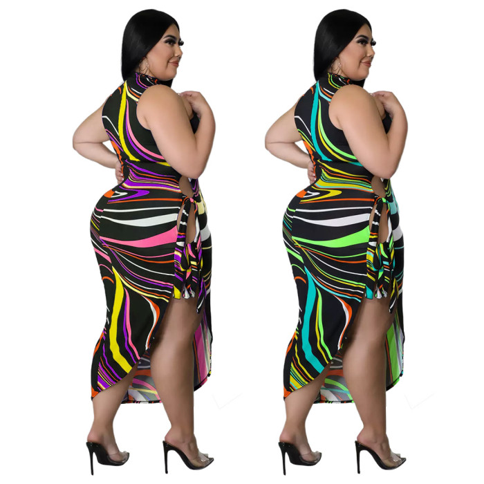 Plus Size Multicolor Sexy Lace Up Cut-out Split Dress