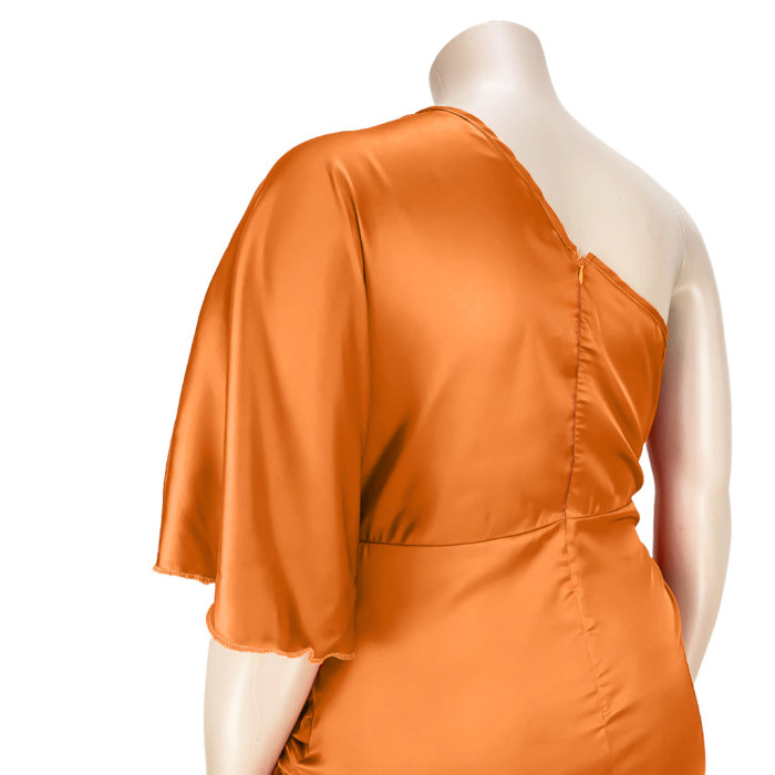 Pleated Zipper Asymmetric Single Sleeve Satin Dress