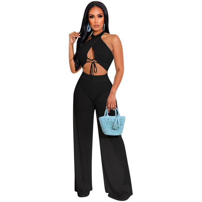 Sexy Halter Sleeveless High Waist Lace Up Top Loose Pants Two Piece  Set