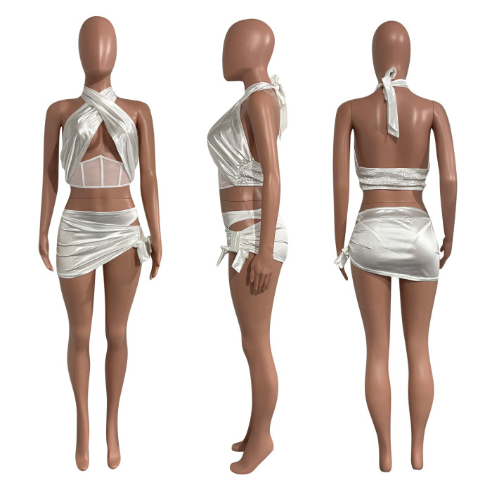 Sexy Halter Sleeveless High Waist Solid Satin Hollow Out Regular MiniTwo Piece Skirt Set