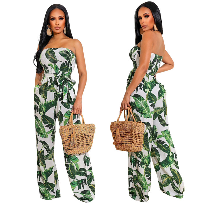 Casual Strapless Sleeveless Floral Print Pockets Full Length Loose Jumpsuit