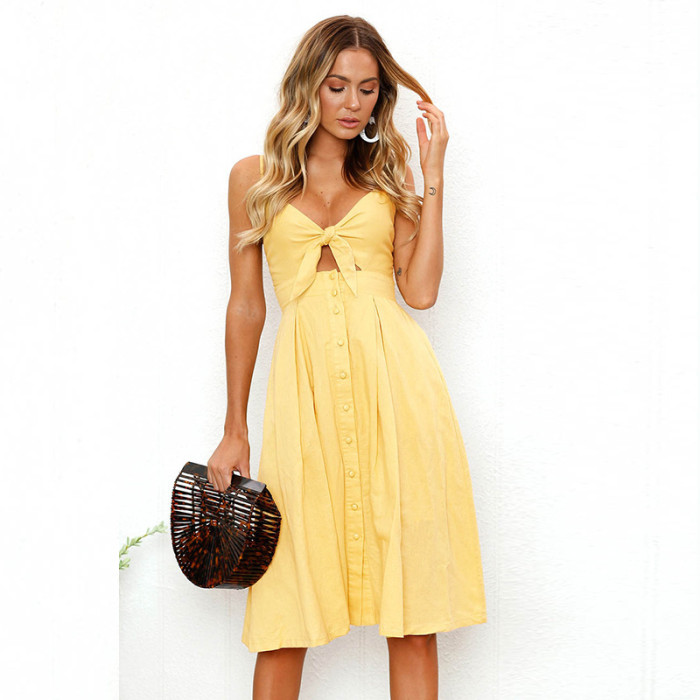 Fashion Sling Button Backless Bow Dress