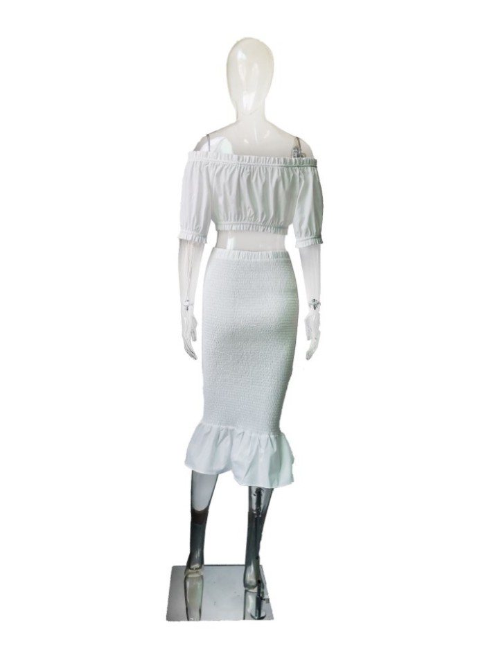 Solid Color Crop Top High Waist Medium skirt Set