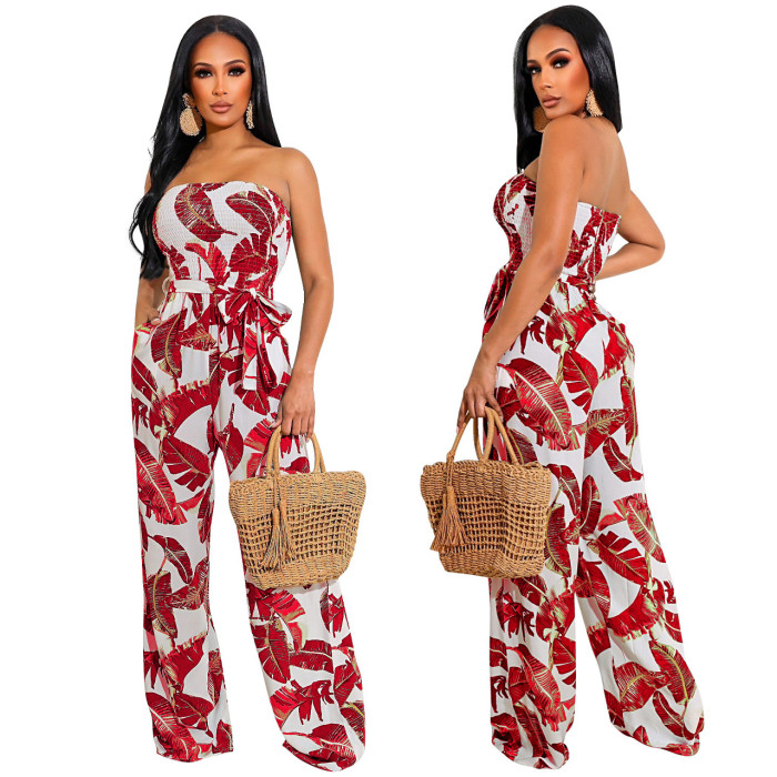 Casual Strapless Sleeveless Floral Print Pockets Full Length Loose Jumpsuit