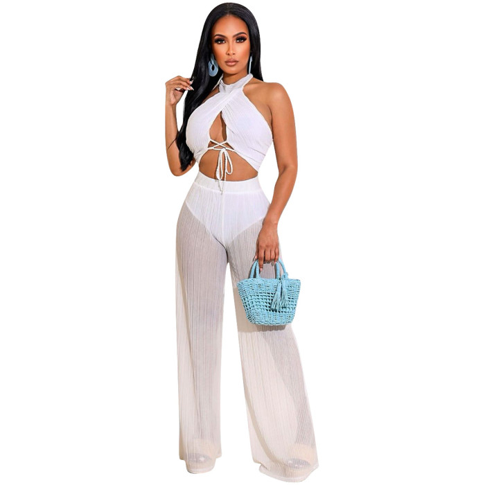 Sexy Halter Sleeveless High Waist Lace Up Top Loose Pants Two Piece  Set