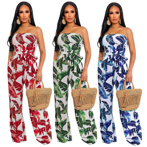 Casual Strapless Sleeveless Floral Print Pockets Full Length Loose Jumpsuit