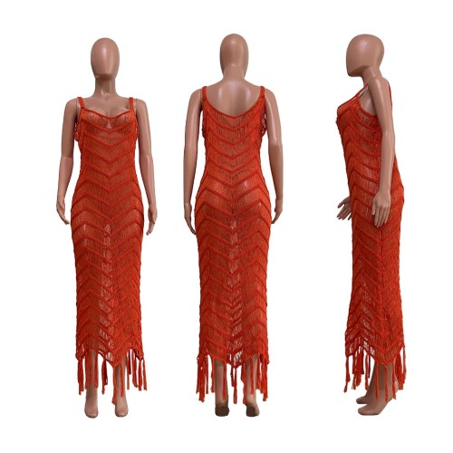Solid Sleeveless Knit Tassel beach Dress