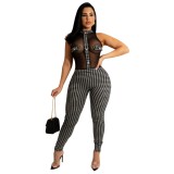 Fashion Pit Stripe Thousand Bird Printed  Stitched Sleeveless Jumpsuit