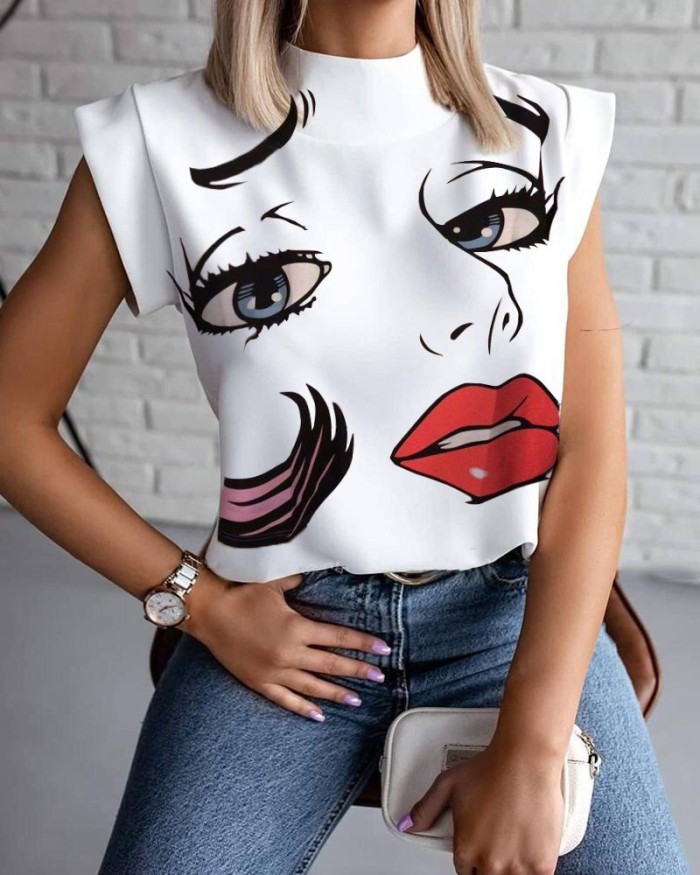 Summer simple stand collar lip print women's shirt
