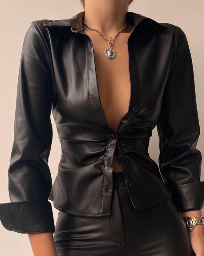 Spring long sleeved V-neck PU leather stitched women's shirt