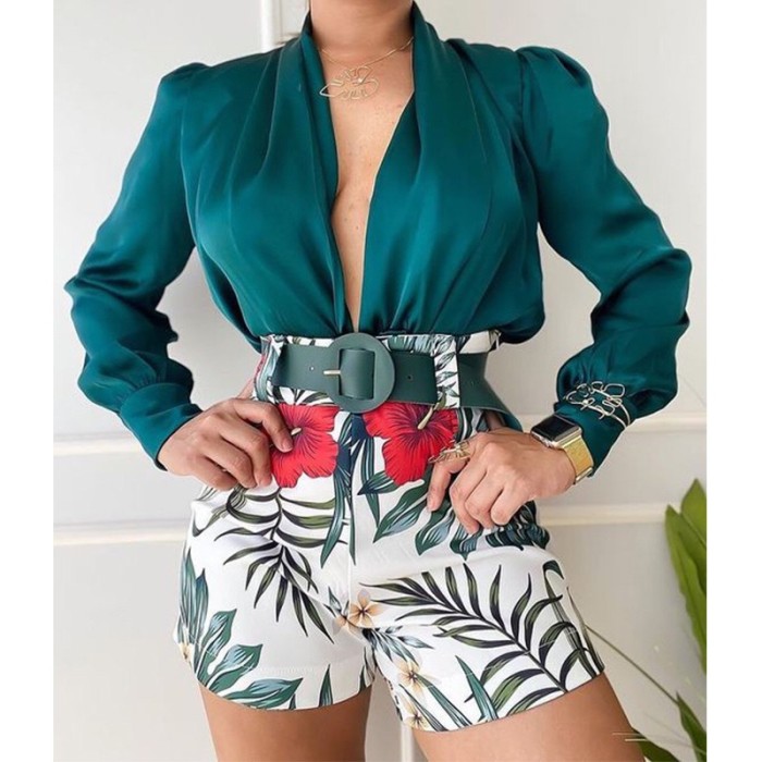 V-Neck Long Sleeve Solid Color Shirt Top Printed Shorts two Piece Set With Belt