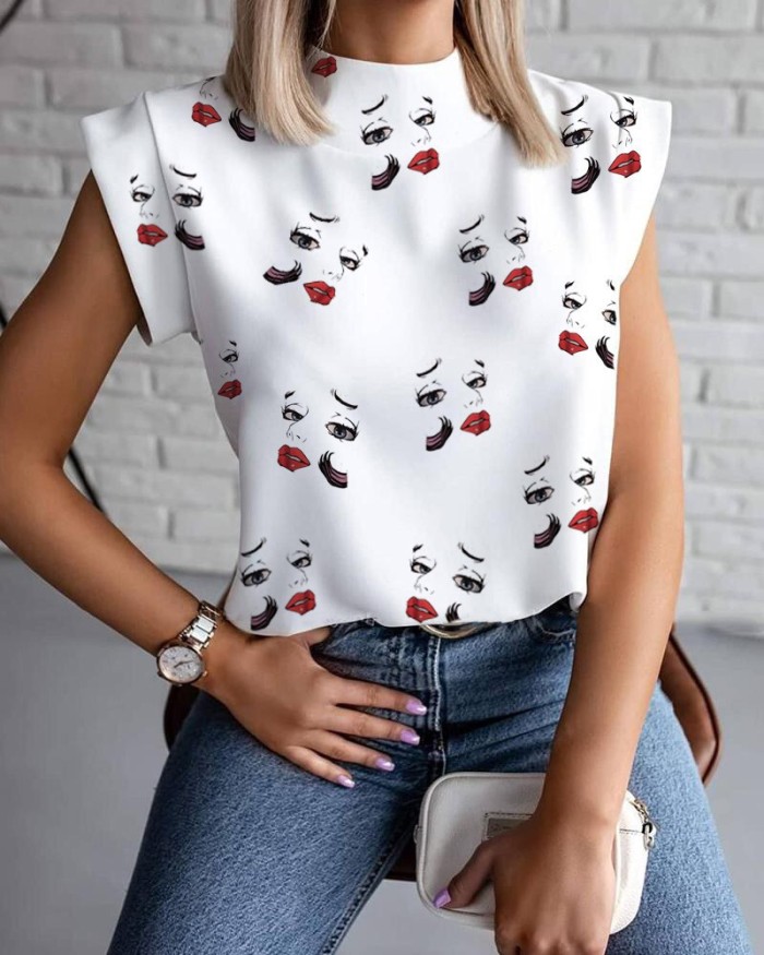 Summer simple stand collar lip print women's shirt
