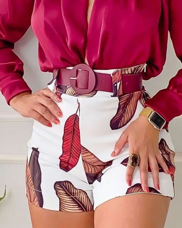 V-Neck Long Sleeve Solid Color Shirt Top Printed Shorts two Piece Set With Belt