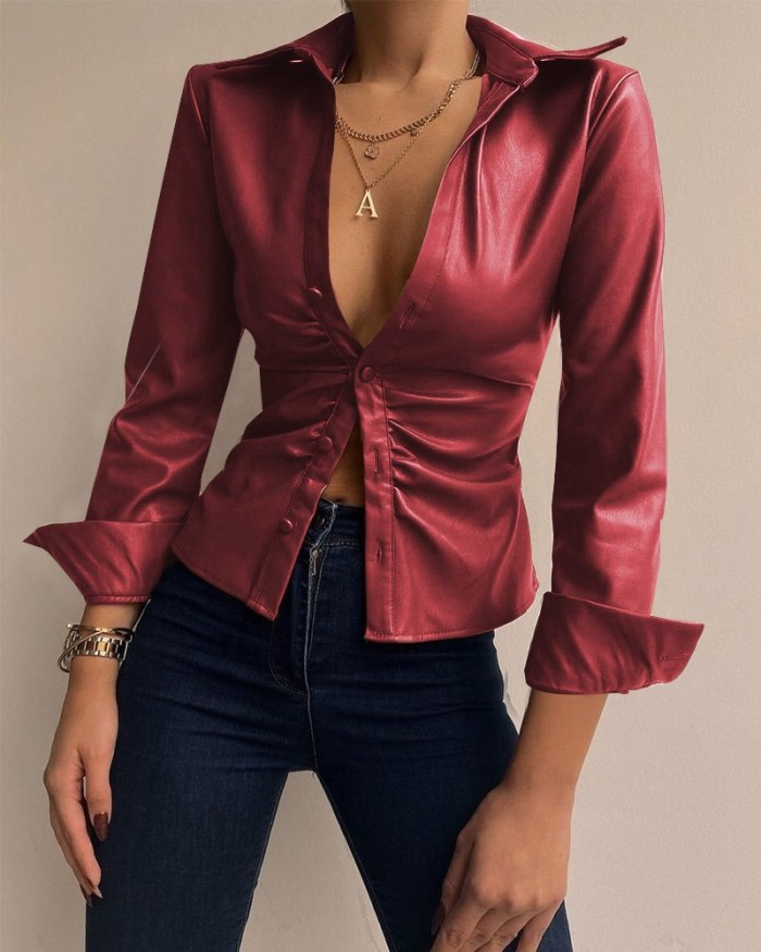 Spring long sleeved V-neck PU leather stitched women's shirt