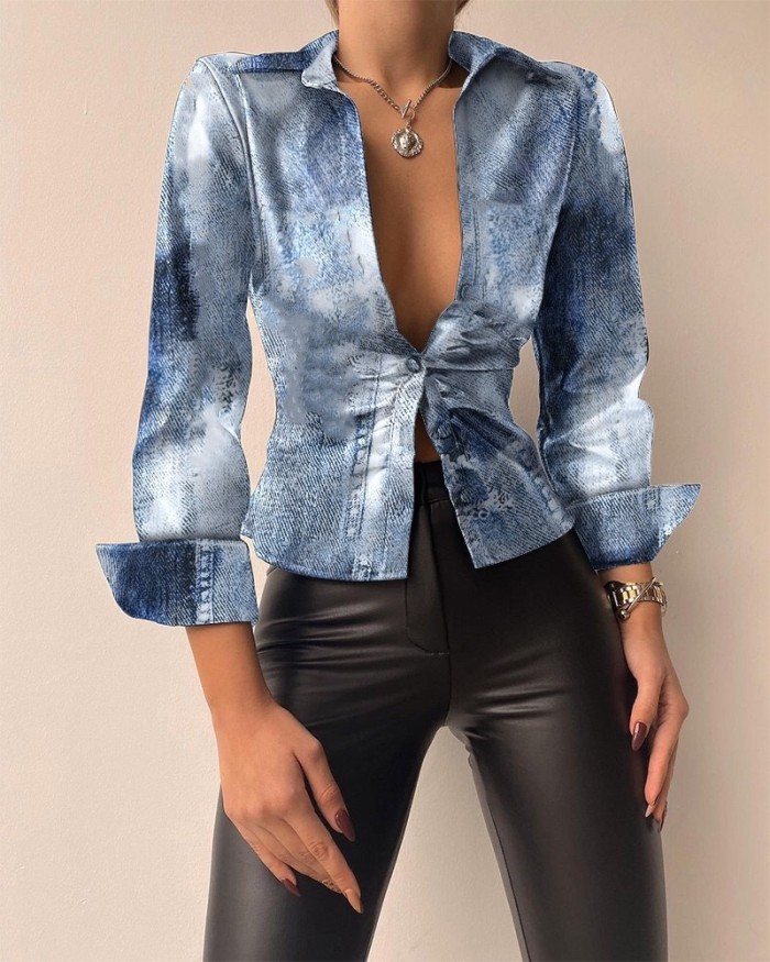 Spring long sleeved V-neck PU leather stitched women's shirt