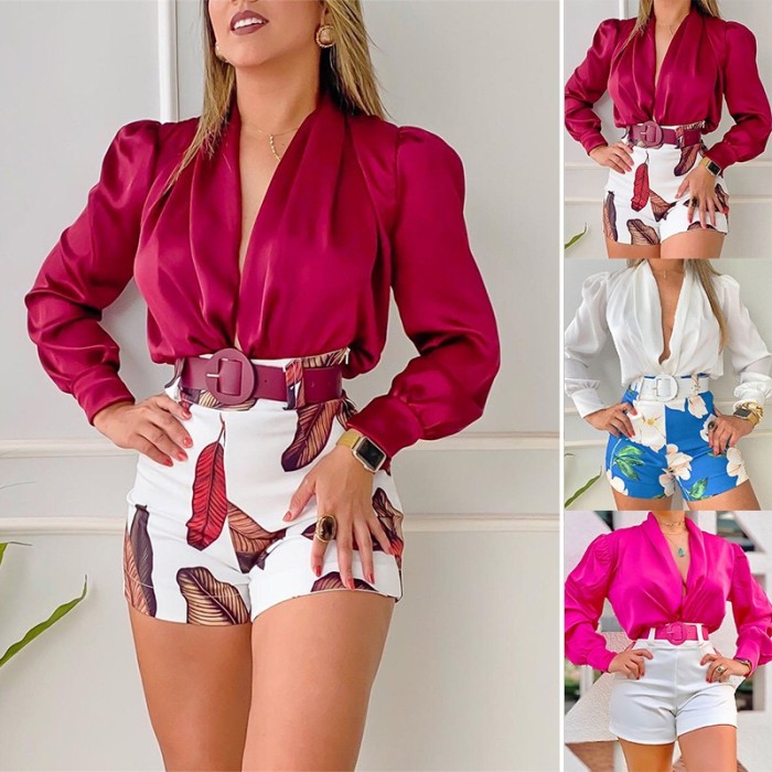 V-Neck Long Sleeve Solid Color Shirt Top Printed Shorts two Piece Set With Belt