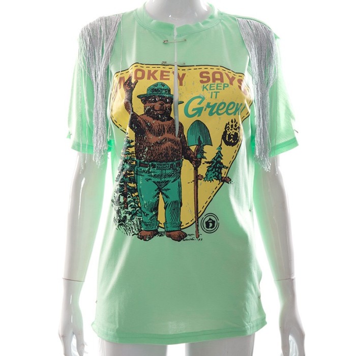 Printed hip hop Street split tassel short sleeve T-shirt